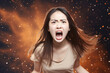 Anger Asian Girl In Beige Tshirt On Galaxy Stars Background. Сoncept Asian Girl Anger, Beige Tshirt, Galaxy Stars, Background