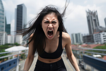 Anger Asian Girl In Black Tank Top On City Background. Сoncept Asian Representation In Media, Anger, Women In Streetwear, Urban Landscapes