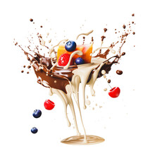 chocolate cream yogurt splashes, liquid cream with fruits and berries spill and hover in the air, isolated element
