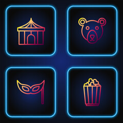 Sticker - Set line Popcorn in box, Festive mask, Circus tent and Bear head. Gradient color icons. Vector