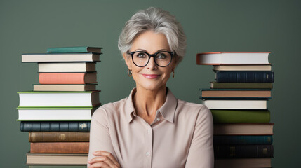 Wall Mural - Middle-aged woman sits on a green background next to stacks of books