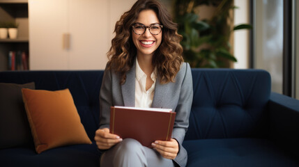 Wall Mural - Happy professional female psychologist holding clipboard sitting at sofa in her office