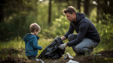 Fototapeta Miasta - Father and son clear the forest of garbage by collecting it in bags
