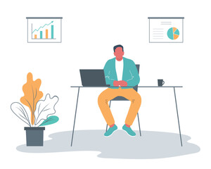 Wall Mural - Office worker in the workplace. Business icon. Young man is sitting at the desk in the office room. Laptop, cup, diagram, flower in the picture. Flat style. Vector illustration