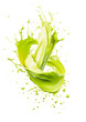 splashes of matcha tea hung in the air, fresh healthy bright green drink, isolated element