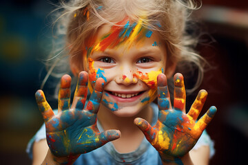 photograph of Little young girl playing with colors. Paint on hands.generative ai