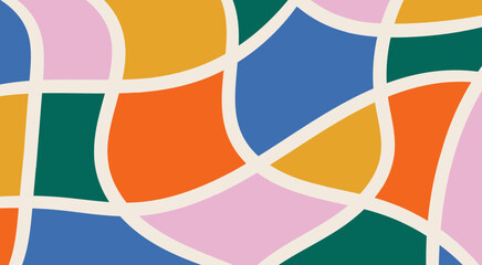 Colorful abstract background with simple hand drawn shapes. Vector doodle design with curvy figures and lines. Fun backdrop for social media, promotional banner, advertising