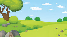 A Cartoon Landscape Hill With Trees And Rocks And A Tree