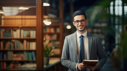 Middle age male librarian or college teacher standing in library in front of book shelfes