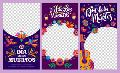 Dia de Los Muertos social media templates, Day of Dead banners with frames, vector backgrounds. Mexican holiday frames with flowers and calavera skull, guitar and maracas with candles and flowers