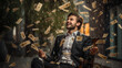 Young businessman stands under money fly rain.