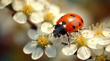 Super Macro Capture Of Ladybug's Black-Eyed Beauty On White Blossom