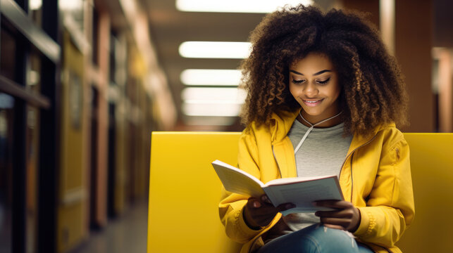 Female student sitting in front of book shelves in college library and reading book