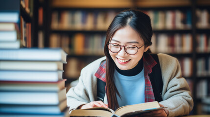 Canvas Print - Female student sitting in front of book shelves in college library and reading book