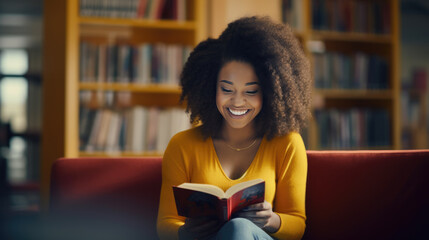 Canvas Print - Female student sitting in front of book shelves in college library and reading book