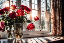 Bouquet Of Roses In A Crystal Vase With Sunlight Streaming Through A Nearby Window