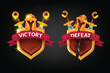 3D victory defeat game badge vector UI wooden shield award, medieval RPG success screen, sword. Knight helmet, red award ribbon, battle lose concept, congratulations icon. Victory defeat clipart kit