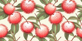 Seamless pattern of white background with illustrated rambutan fruits, graphic leaves. Concept: Tropical designs on fresh canvas.