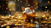 Golden Piggy Bank With Around Coins. Savings And Investment. Finance Concept