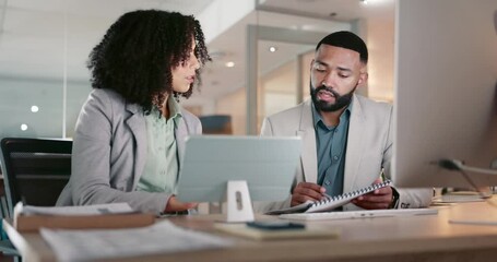 Aufkleber - Business people, teamwork and tablet or documents for marketing research, multimedia results and data analytics at night. African woman and man with report, digital technology and computer in office