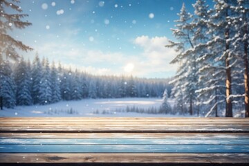 Wall Mural - snow background light floor cold empty blue wooden space white table xmas top counter plank season wood