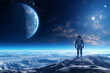 Astronaut standing sitting on the moon lunar surface looking at the earth