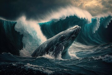 Wall Mural - Whale surfacing from the ocean during a storm