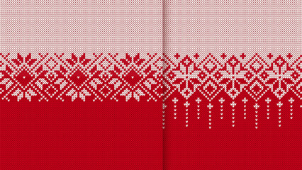 Wall Mural - Festive sweater. Red and white seamless ornament. Christmas red knitted geometrical pattern. Fair isle traditional holiday background. Xmas print border. Vector illustration.