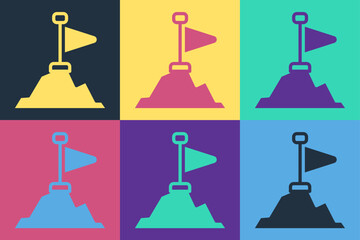 Poster - Pop art Mountains with flag on top icon isolated on color background. Symbol of victory or success concept. Goal achievement. Vector