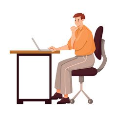 Wall Mural - Business Employee Man Character at Laptop Engaged in Office Work Vector Illustration