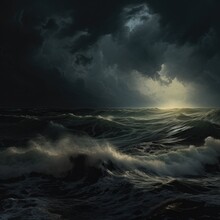 Cinematic View Of The Stormy Sea With Dark Clouds In The Sky. 