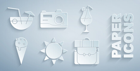 Poster - Set Sun, Cocktail and alcohol drink, Ice cream waffle cone, Hiking backpack, Photo camera and Coconut cocktail icon. Vector