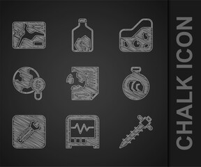 Poster - Set Earth globe with document, Seismograph, Construction jackhammer, Exhibition minerals, rocks, Wrench spanner, Global planet bulb, Ground and Topographic map icon. Vector