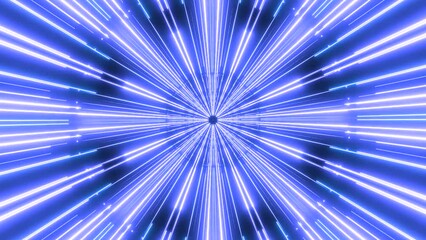 Poster - Flying inside neon tunnel with rays of light. Design. Blinking lights of time speed corridor.