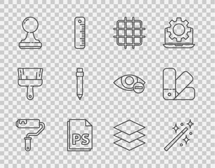 Poster - Set line Paint roller brush, Magic wand, Grid graph paper, PS File document, Stamp, Pencil with eraser, Layers and Color palette guide icon. Vector