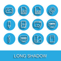 Poster - Set line Paint brush, Speech bubble with RGB and CMYK, Picture landscape, Color palette guide, Eraser rubber, Graphic tablet, text and Web design development icon. Vector