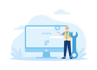 Wall Mural -  man is updating computer concept flat illustration