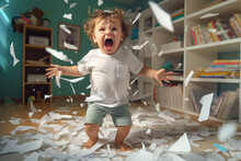 Energetic Toddler Wreaks Havoc In Messy Kids' Room, Tossing Items And Shredding Paper.