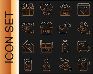 Wall Mural - Set line Clothes donation, Delivery truck with heart, Hand holding Earth globe, Free home delivery, Donation food, Gift box and Heart dog icon. Vector