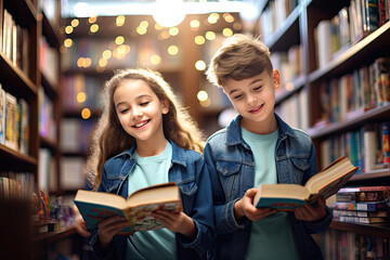 Schoolchildren in the library read books against the background of blurry white shelves with books, generative ai