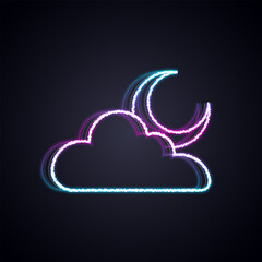 Wall Mural - Glowing neon line Cloud with moon icon isolated on black background. Cloudy night sign. Sleep dreams symbol. Night or bed time sign. Vector