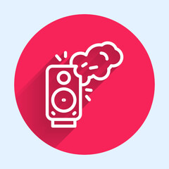 Poster - White line Stereo speaker icon isolated with long shadow. Sound system speakers. Music icon. Musical column speaker bass equipment. Red circle button. Vector