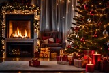 Fototapeta Nowy Jork - fireplace with christmas decorations