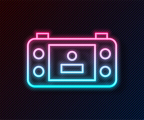 Poster - Glowing neon line Portable video game console icon isolated on black background. Handheld console gaming. Vector