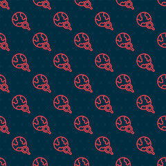 Poster - Red line Magnifying glass with globe icon isolated seamless pattern on black background. Analyzing the world. Global search sign. Vector