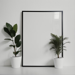 Wall Mural - Two potted plants in front of a blank picture frame, white canvas background, white studio background, a minimalist painting, white ambient background ,white frame border. AI Generative