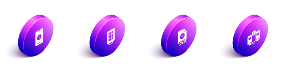 Poster - Set Isometric Online play video, Softbox light, MOV file document and Actor trailer icon. Vector