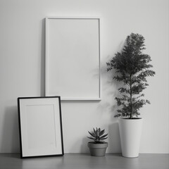 Two potted plants in front of a blank picture frame, white canvas background, white studio background, a minimalist painting, white ambient background ,white frame border. AI Generative