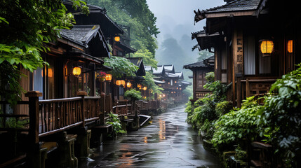 Zhangjiajie Jiangnan Misty Rain Stone Road in Jiangnan Village Houses AI Generative