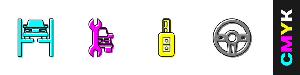 Poster - Set Repair car on lift, Car service, key with remote and Steering wheel icon. Vector